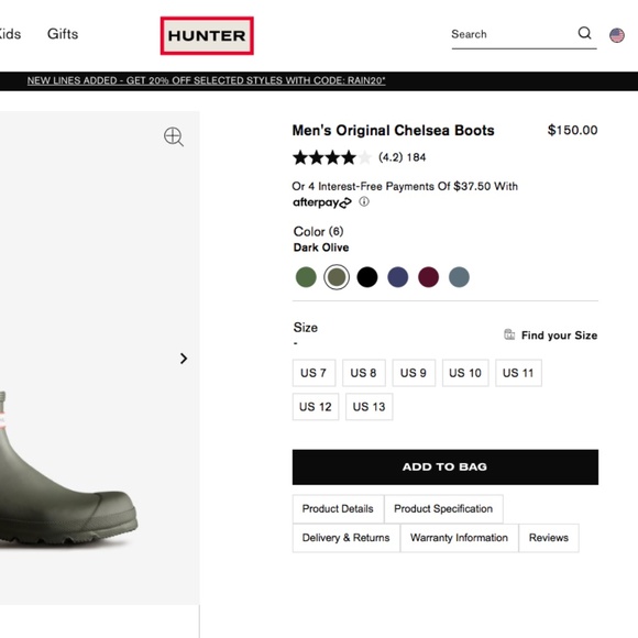 NEW Hunter Boots Men\'s Original Chelsea Dark Olive Rubber Rain Boots main image 11